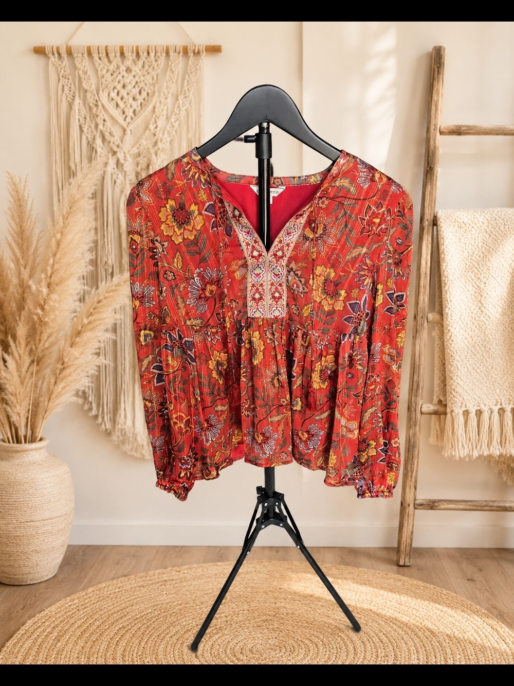 FRYE AND CO. Red Floral V-Neck Peasant Blouse